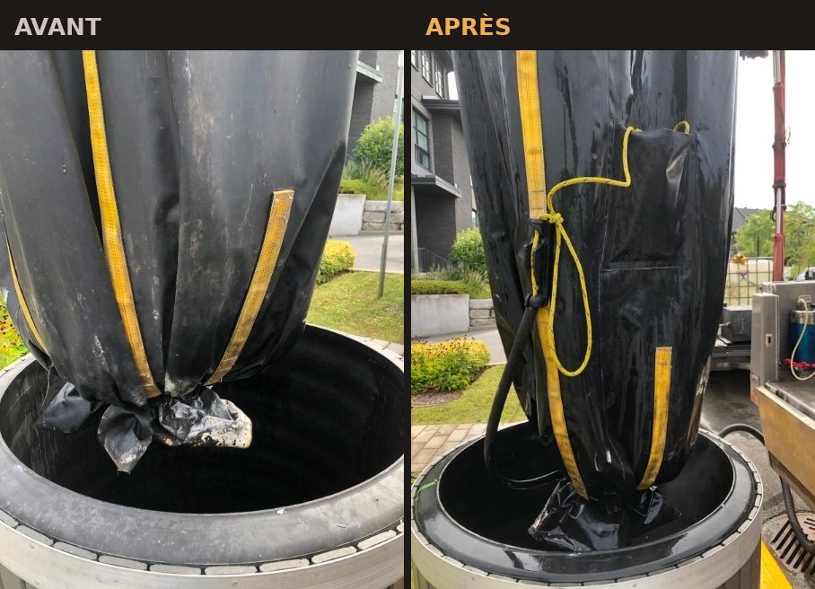 Avant : sac déchiré. Après : sac neuf et corde installés.